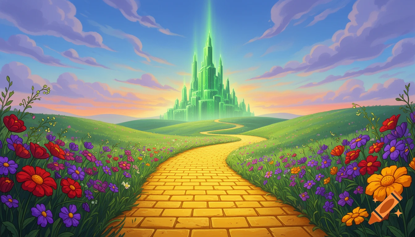 Cartoonish yellow brick road through a vibrant, flower-filled landscape, leading to the glowing green Emerald City under a sunset sky.