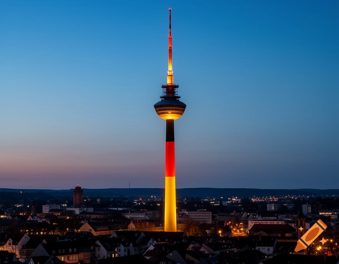Photorealistic image of the Stuttgart TV Tower lit with black, red, and yellow German flag colors, towering over a city at dusk.
