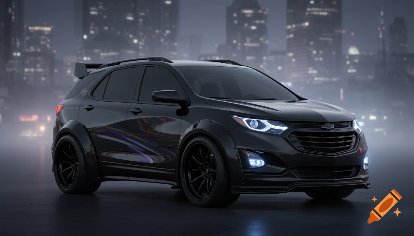 A black customized Chevrolet Equinox SUV with a wide body kit, spoiler, and halo lights, parked in a city at night.