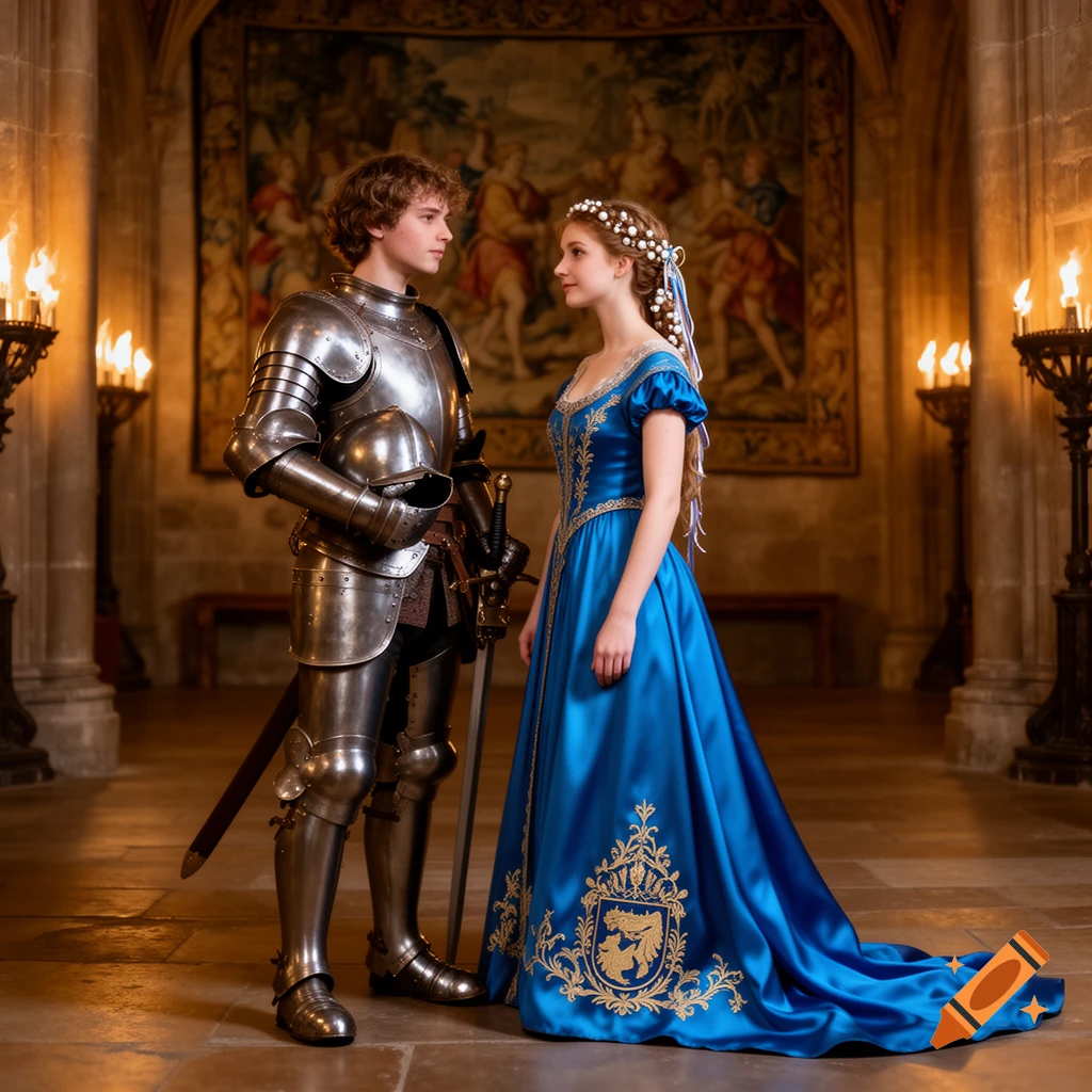 A young knight in shining armor holding a helmet stands across from a princess in a blue gown in a grand castle hall.