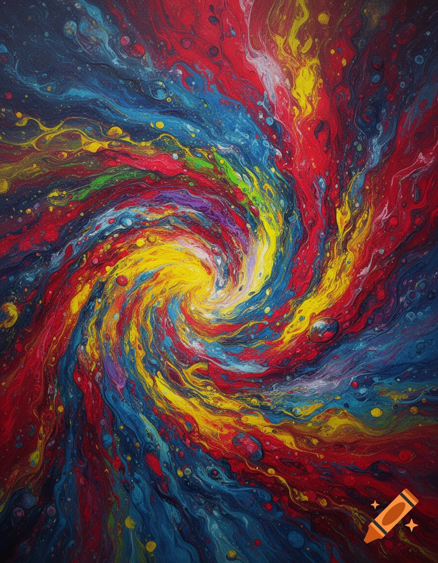 Vibrant abstract painting with a central yellow swirl amidst flowing red, blue, and green colors.