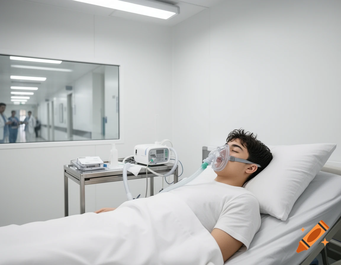 A young man lies in a hospital bed wearing an oxygen mask, with medical equipment beside him.