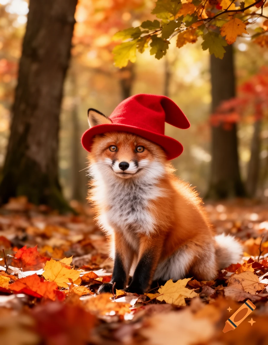 A cute fox wearing a red hat sits among colorful autumn leaves in a sunlit forest, photorealistic.