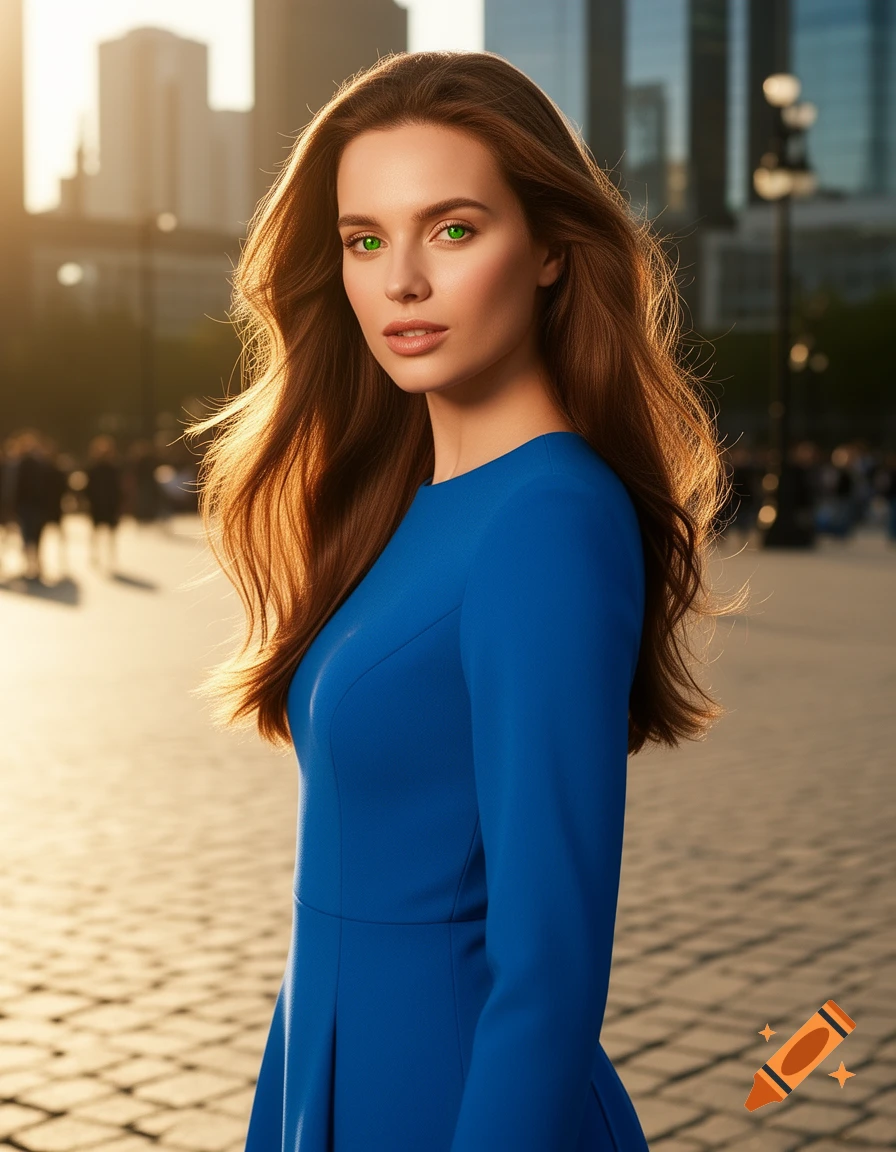 A woman with long brown hair and bright green eyes in a blue dress, outdoors in a sunlit urban setting.