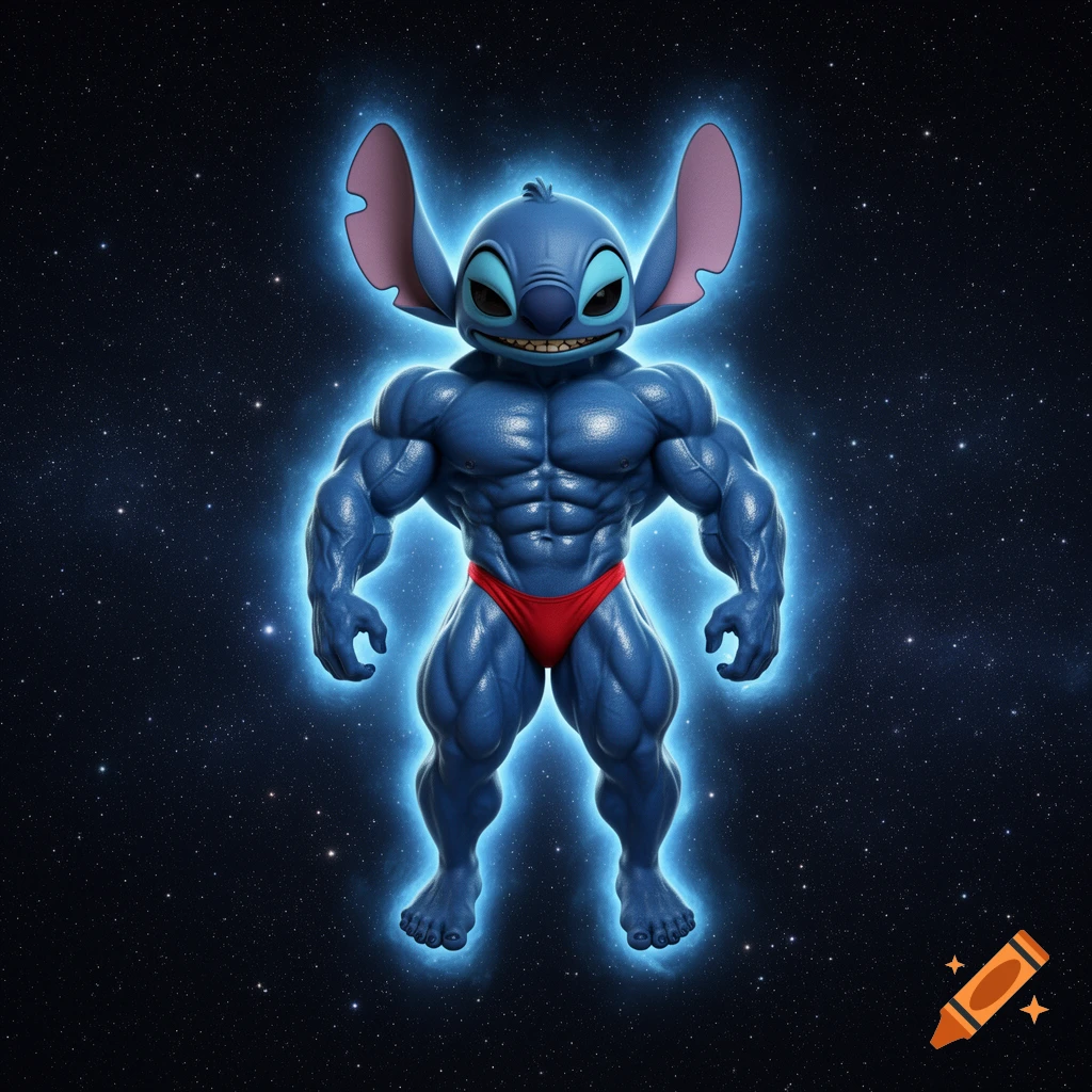 Blue cartoon alien Stitch as a muscular bodybuilder in a red thong, glowing blue, floating in starry space.