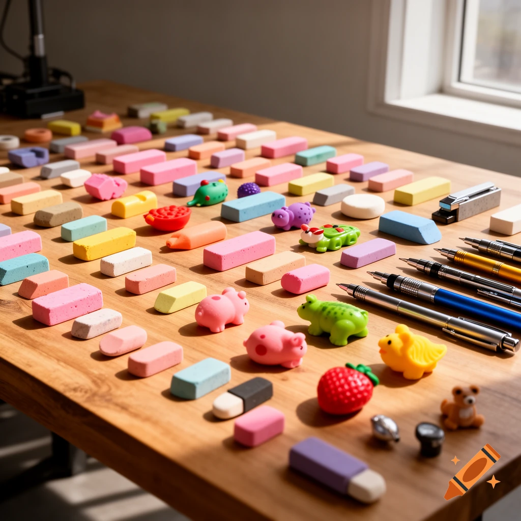 A wooden table is covered with many colorful block and animal-shaped erasers and several pens, illuminated by sunlight.