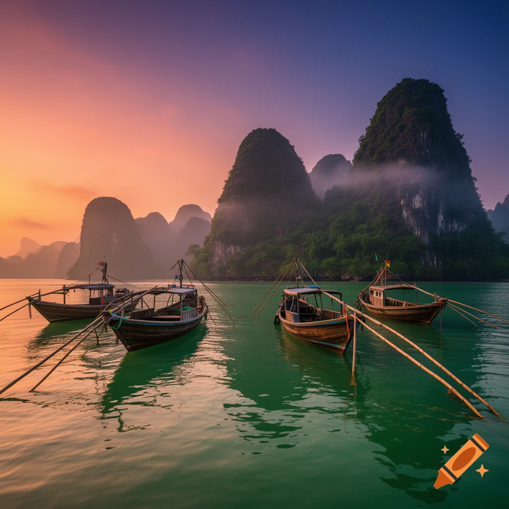 Traditional wooden boats float on calm turquoise water surrounded by mist-shrouded limestone karsts at sunrise.