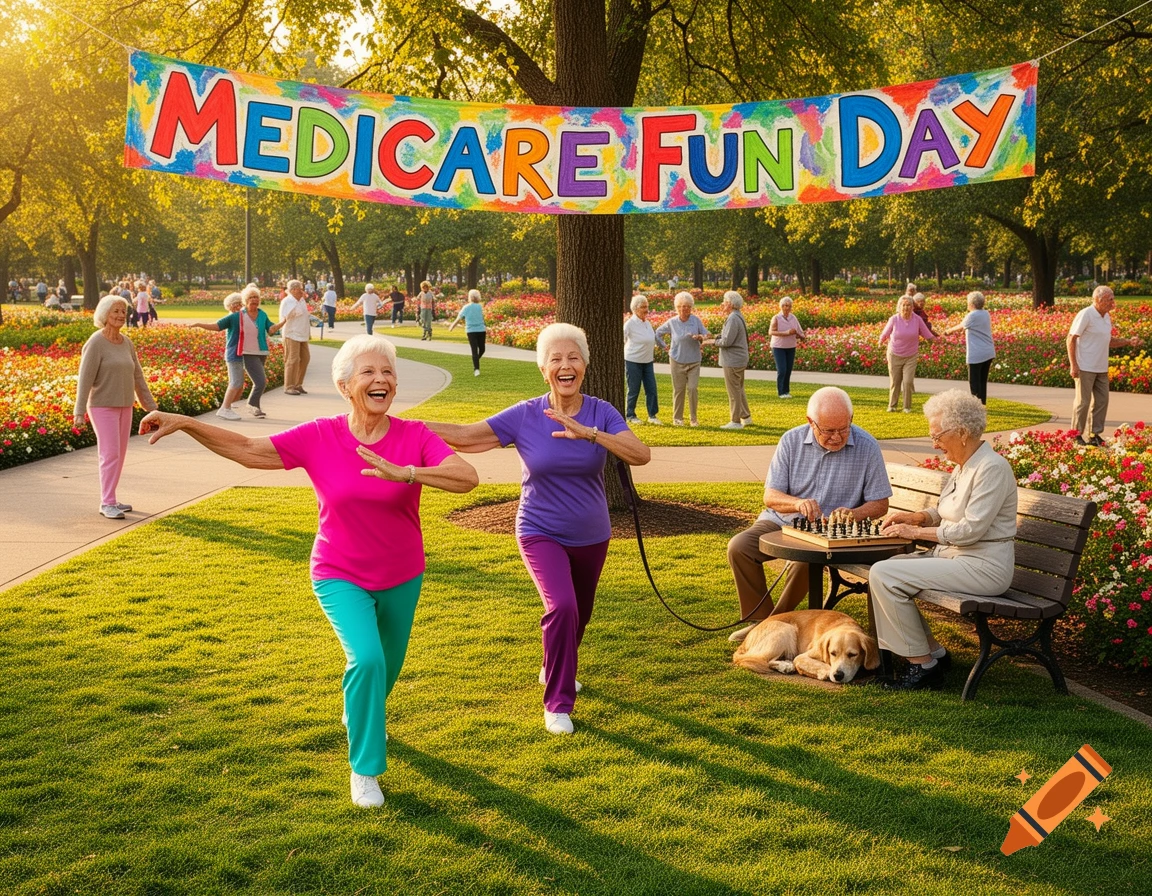Smiling seniors exercising and playing chess in a sunny park with a 'Medicare Fun Day' banner overhead, surrounded by flowers.