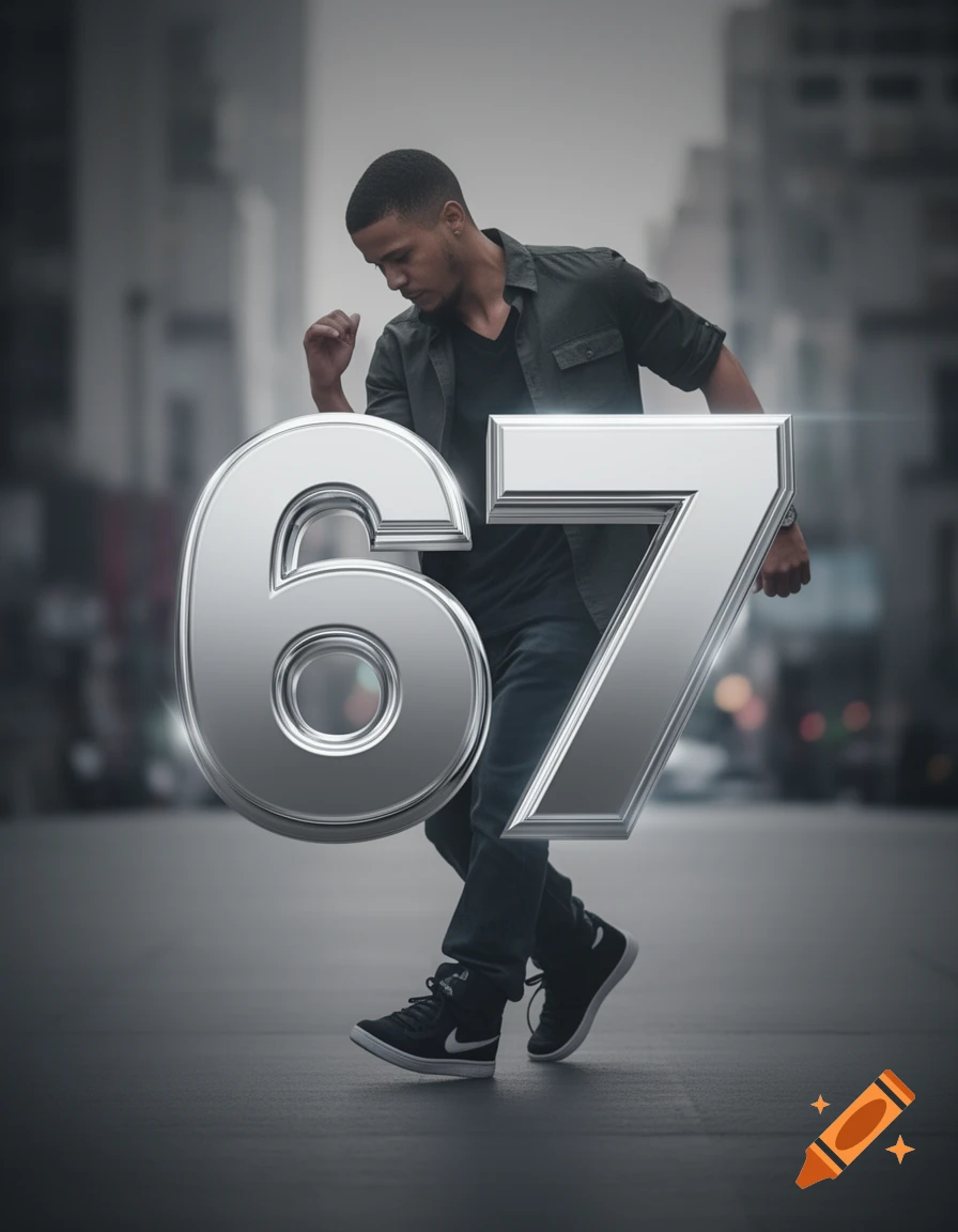 A man in a dark shirt and jeans poses with large metallic numbers "67" on a blurred city street.