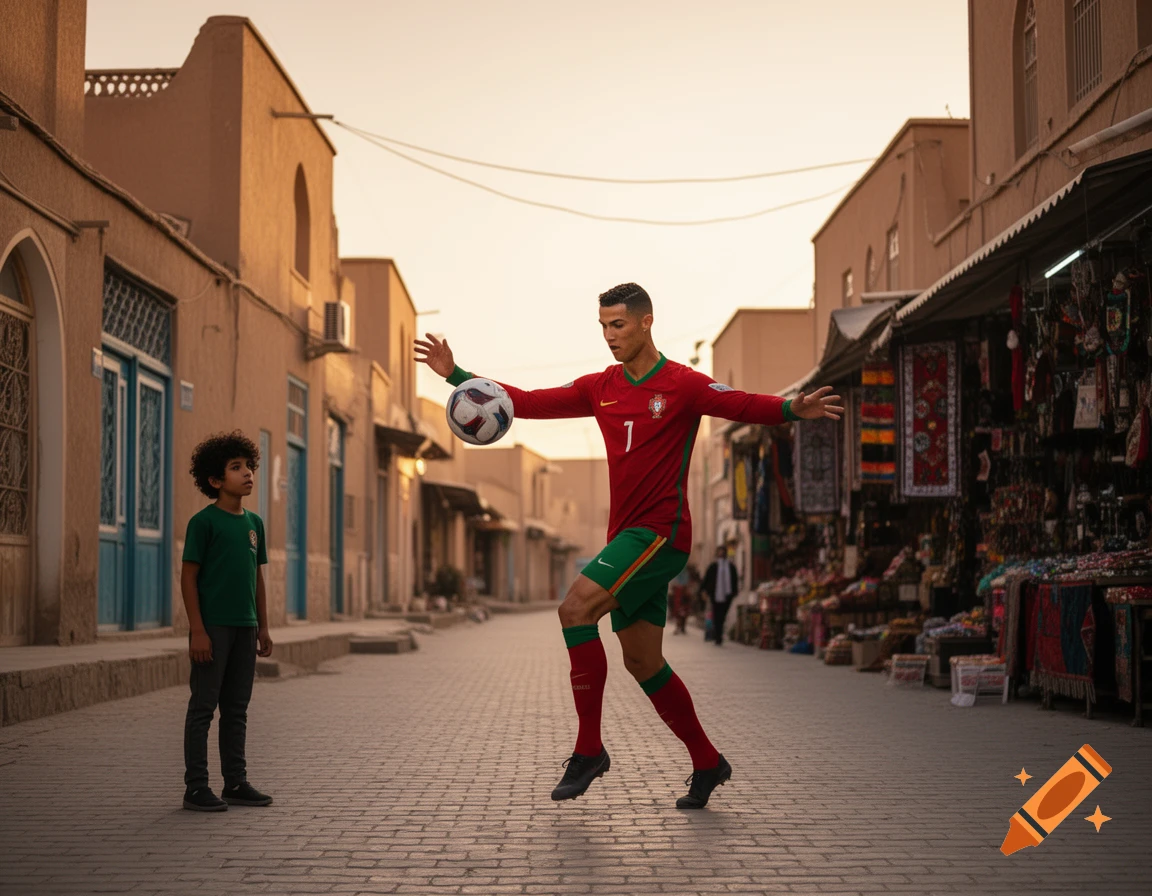 Photorealistic image of Cristiano Ronaldo in a red Portugal kit juggling a soccer ball in a street, watched by a young boy with curly hair.