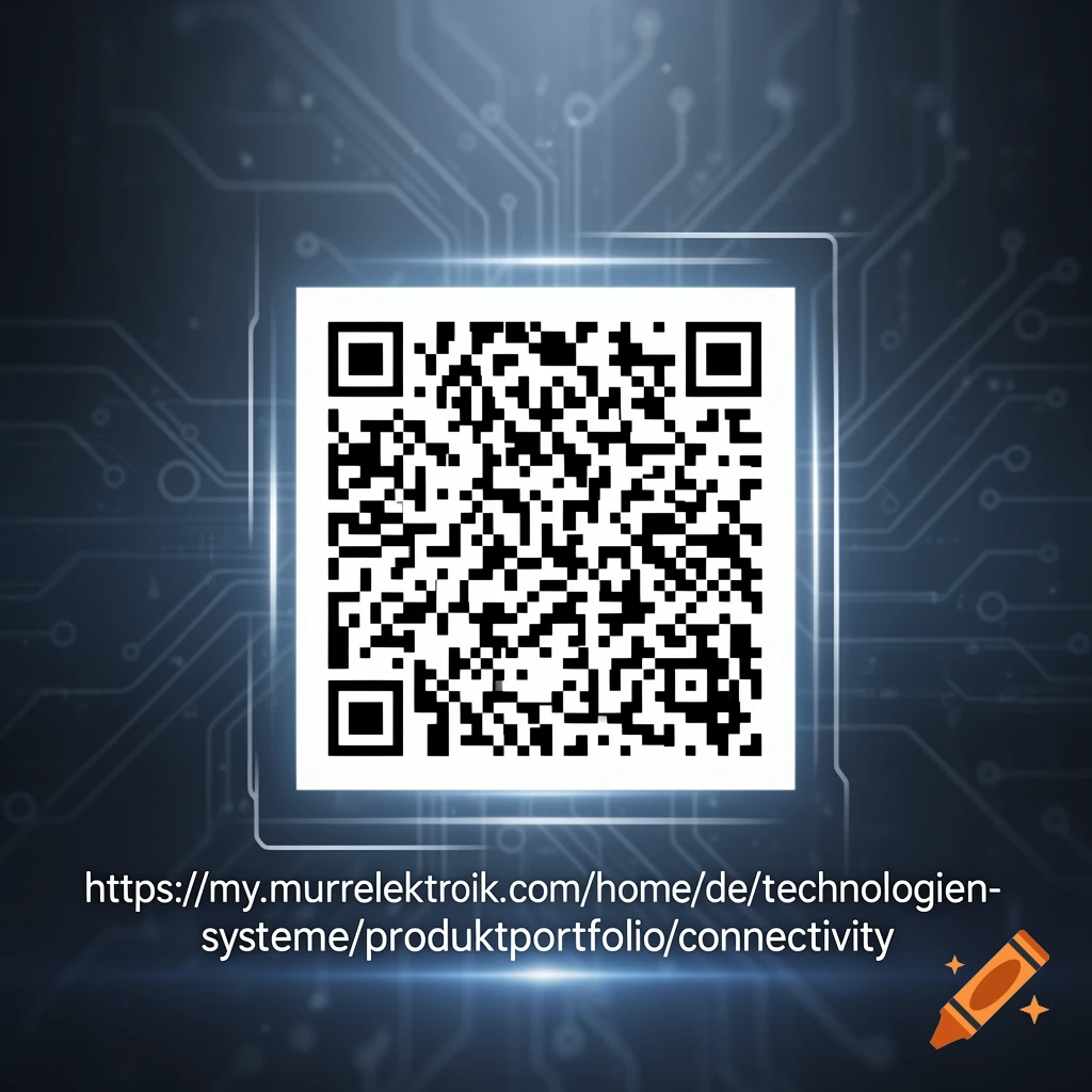 A black and white QR code over a glowing blue circuit board background, with a URL written below it.