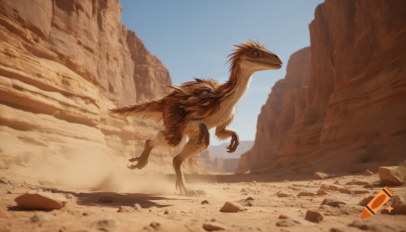 A feathered Deinonychus runs through a dusty desert canyon under a clear blue sky.