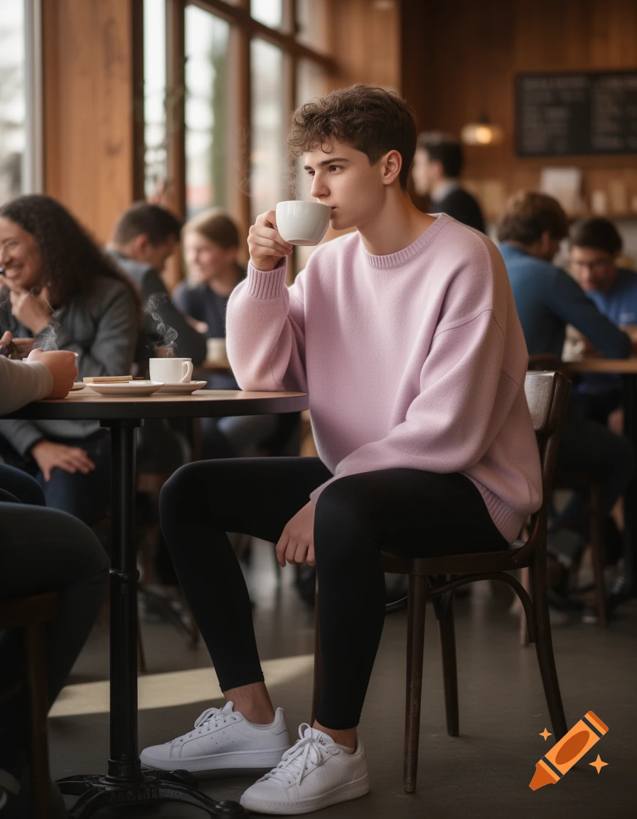 A young man with curly hair wearing a pink sweater, black leggings, and white sneakers sips coffee at a table in a bustling cafe.