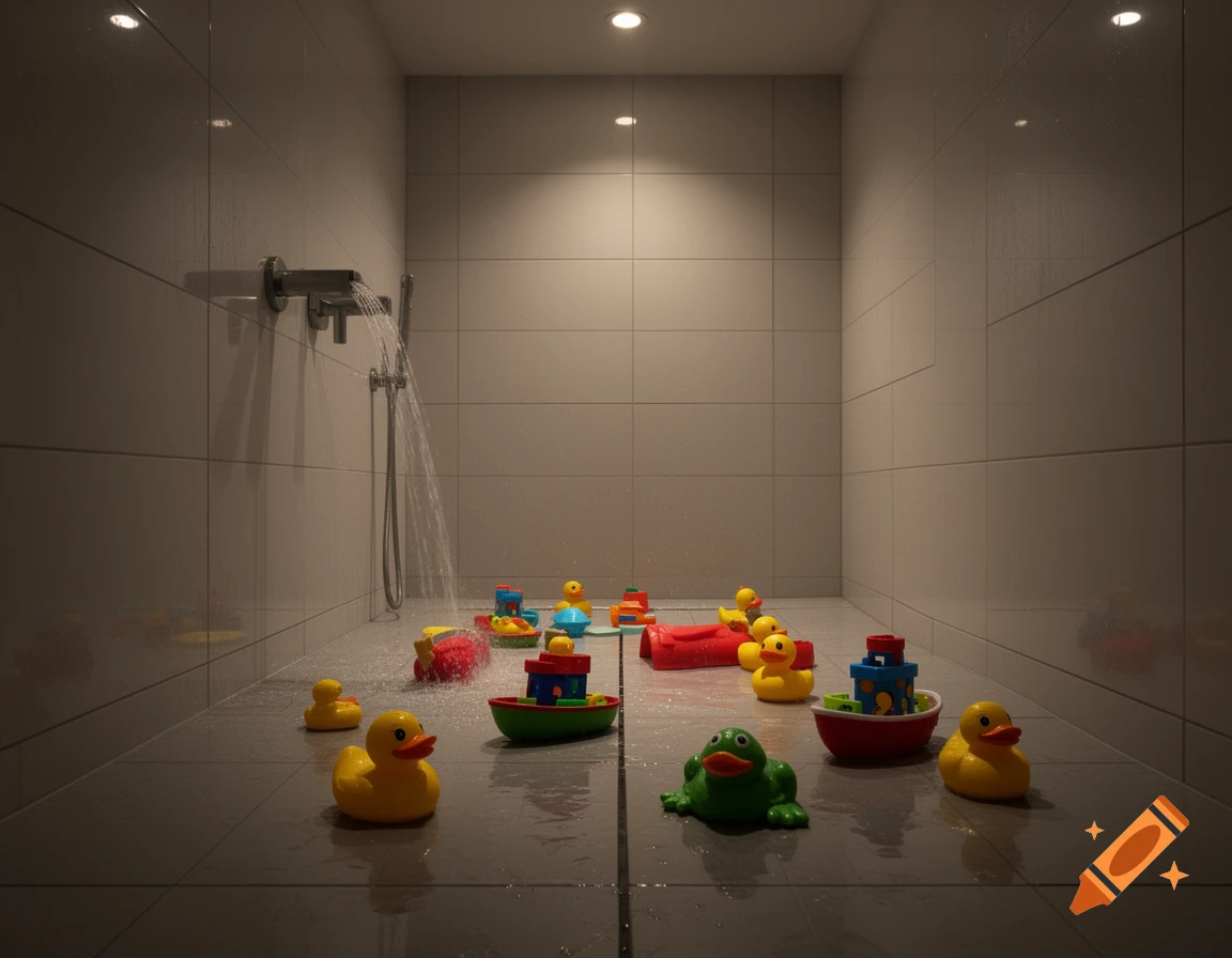 Colorful bath toys, including rubber ducks and boats, on a wet shower floor with water running from the faucet under dim lights.