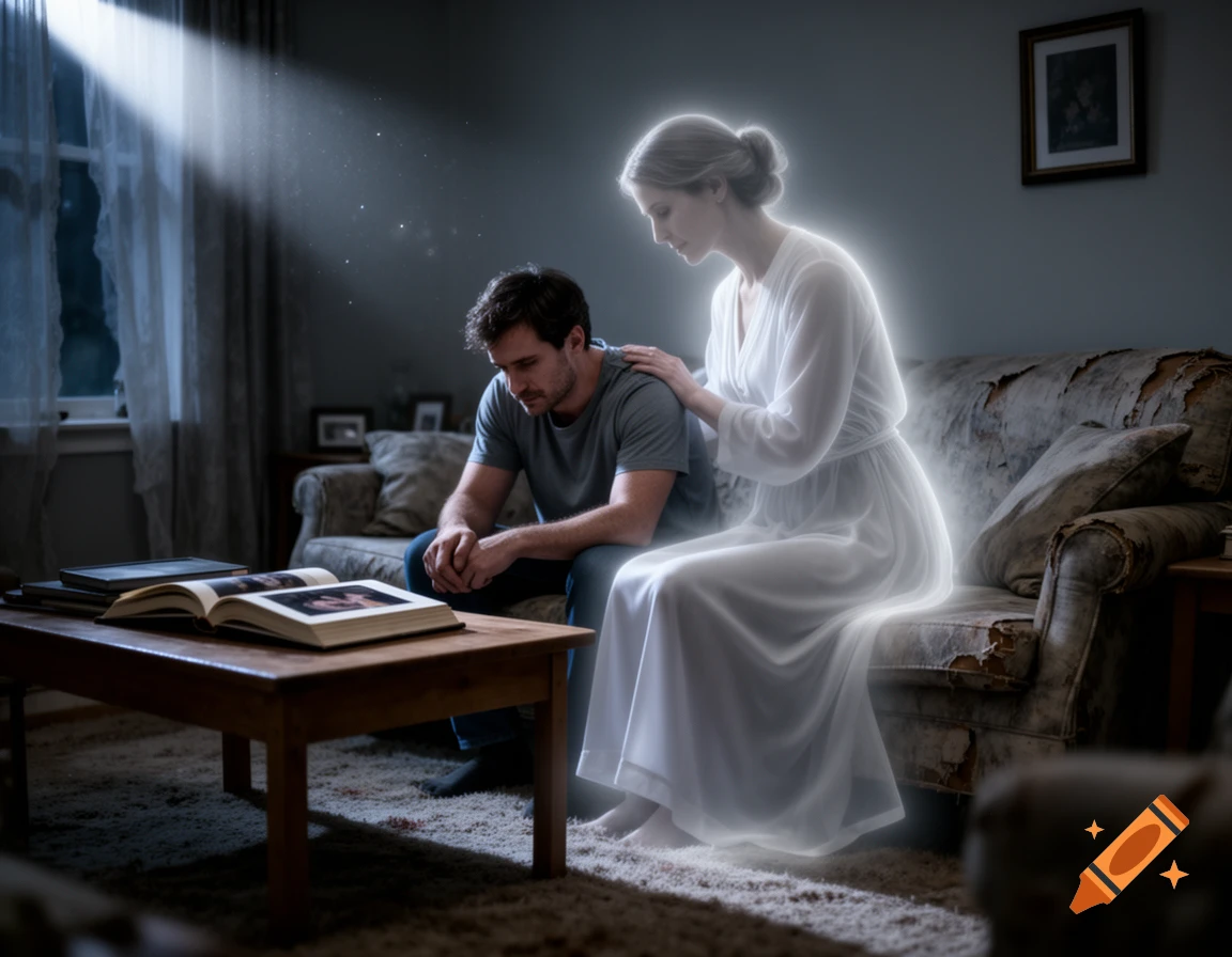 A glowing spirit woman comforts a sorrowful man looking at an open photo album on a coffee table in a dimly lit room.
