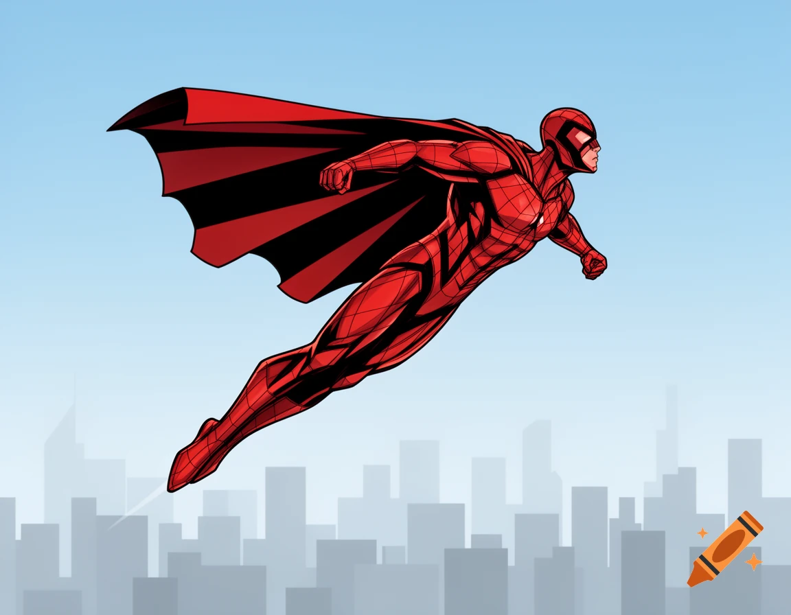 Comic book illustration of a red and black superhero with a cape flying over a city skyline against a blue sky.