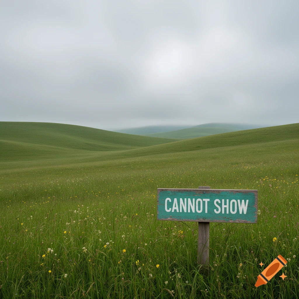 Photorealistic image of rolling green hills under a cloudy sky, with a turquoise sign in a grassy field reading 'CANNOT SHOW'.