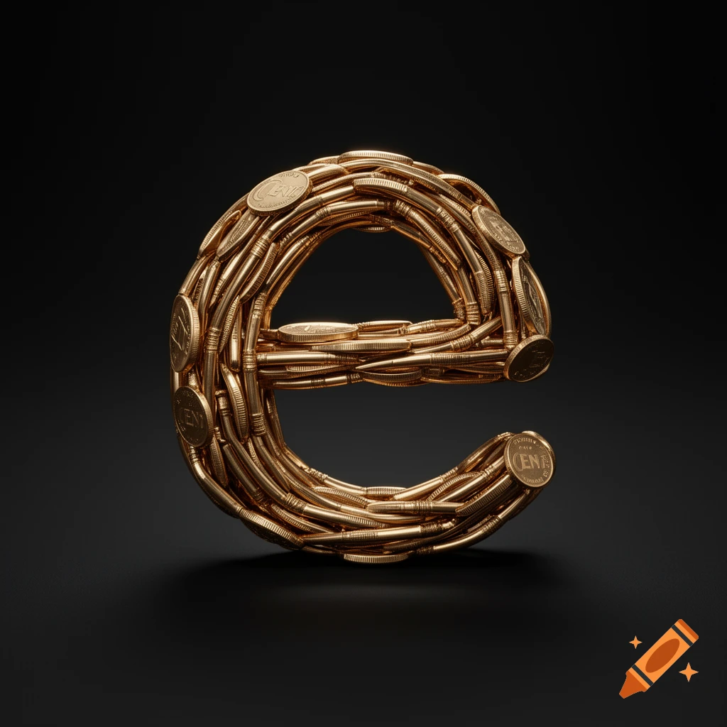 A golden letter 'e' formed from intertwined metal wires and coins, against a dark background.