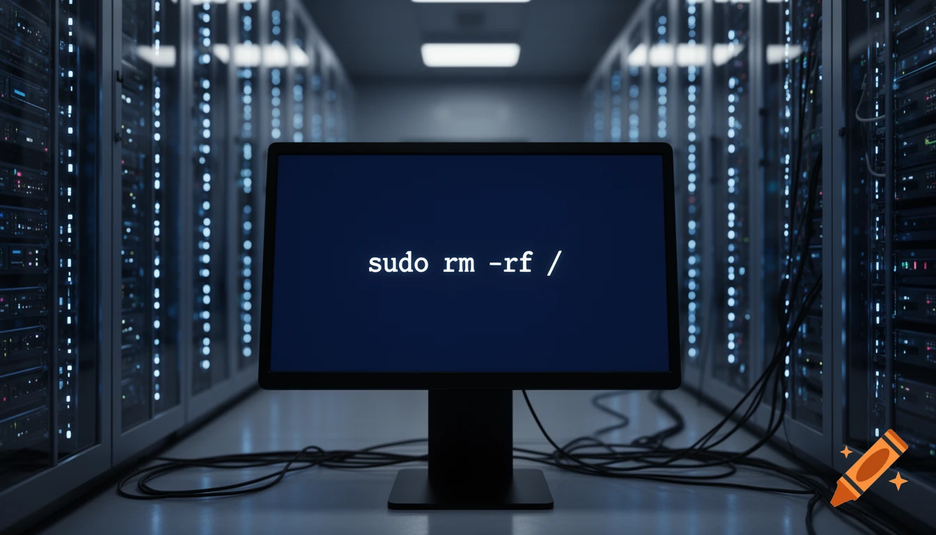 A computer monitor in a server room displays the command "sudo rm -rf /" against a dark blue screen.