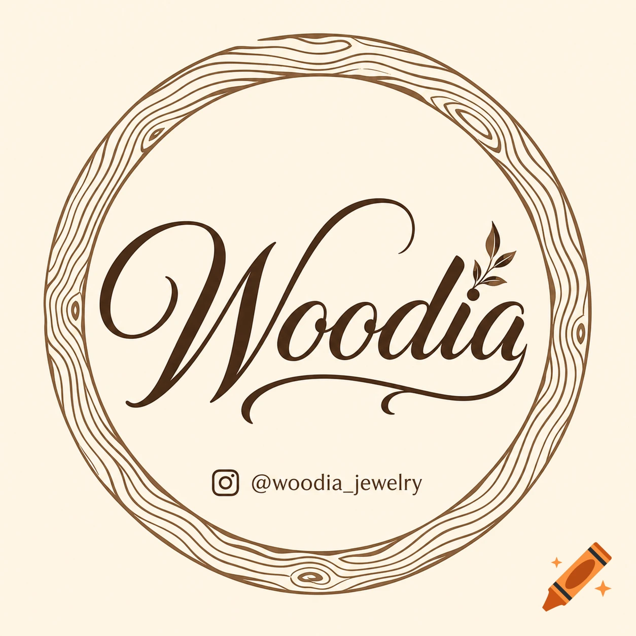 Circular logo for 'Woodia' in dark brown calligraphy, framed by a wood grain pattern, with '@woodia_jewelry' below.