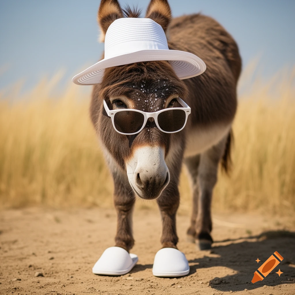 A photorealistic donkey stands on a dirt path, wearing a white sun hat, white sunglasses, and white slippers. Speckles appear on its forehead.