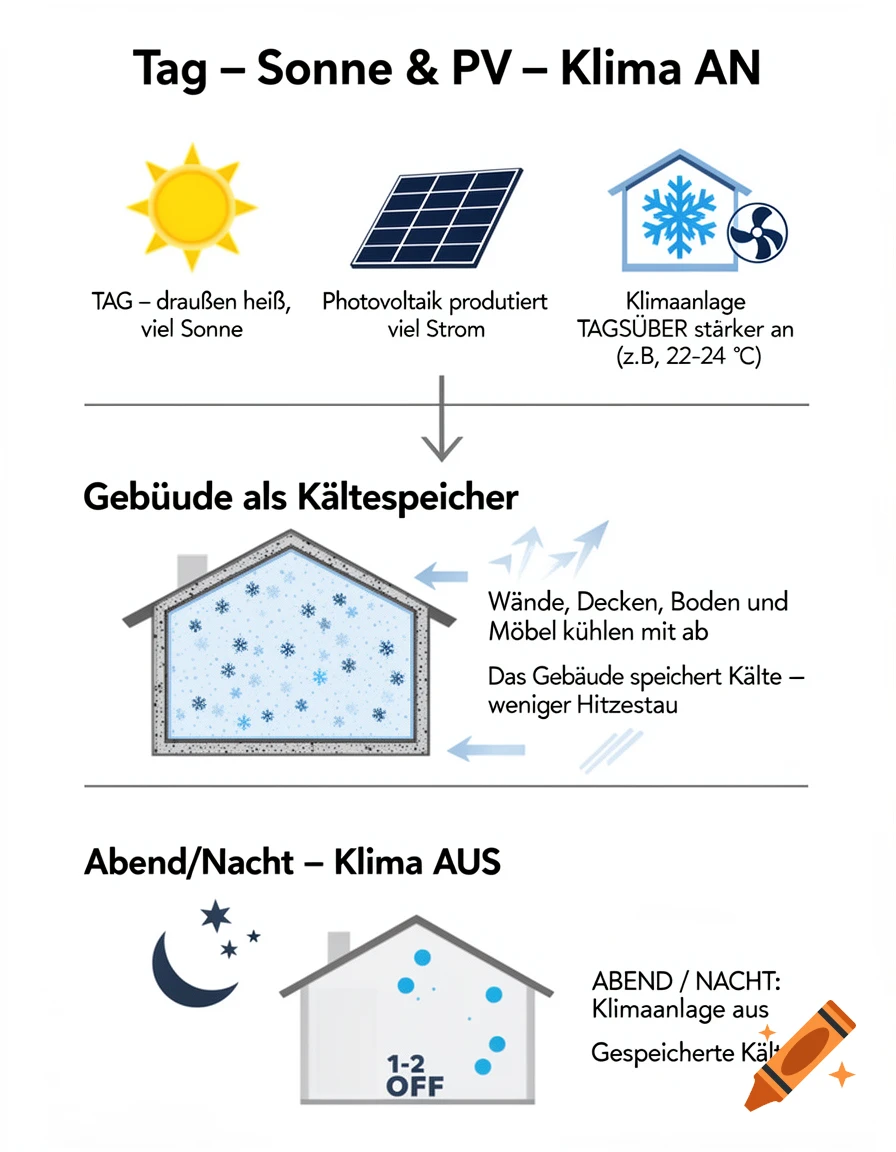 An infographic illustrating how a building can store coolness using solar power during the day and release it at night, with German text and icons.