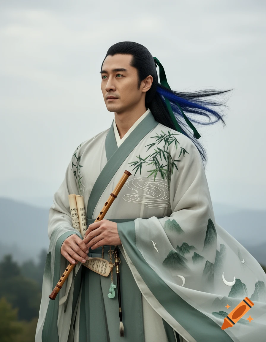 A man in elegant Hanfu with green eyes and blue-streaked hair, holding a bamboo flute and sheet music against a misty mountain backdrop.