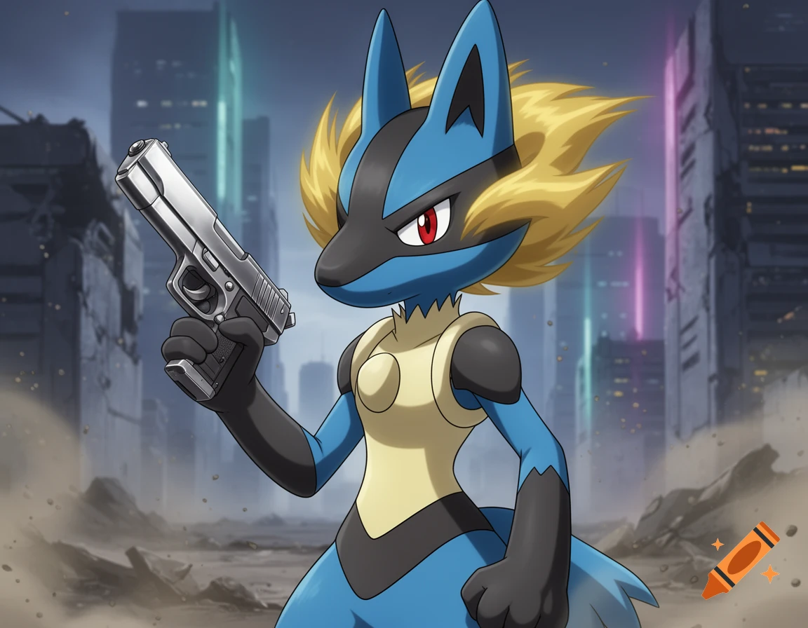 A blue and black Lucario character with a gun stands in a ruined city background with glowing skyscrapers.