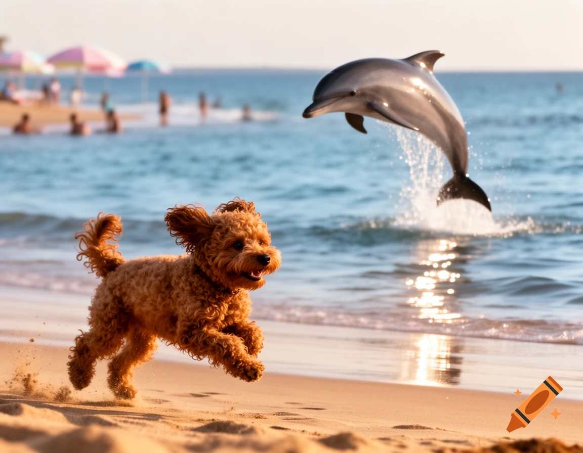 A small brown dog with curly hair runs on a beach as a dolphin leaps from the ocean in the background, photorealistic.