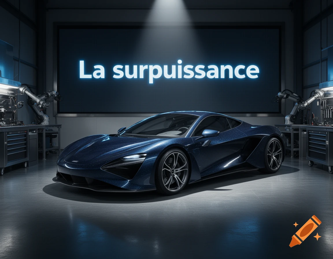 A sleek, dark blue sports car with sparkling paint sits in a futuristic garage with robotic arms and a large screen displaying "La surpuissance".