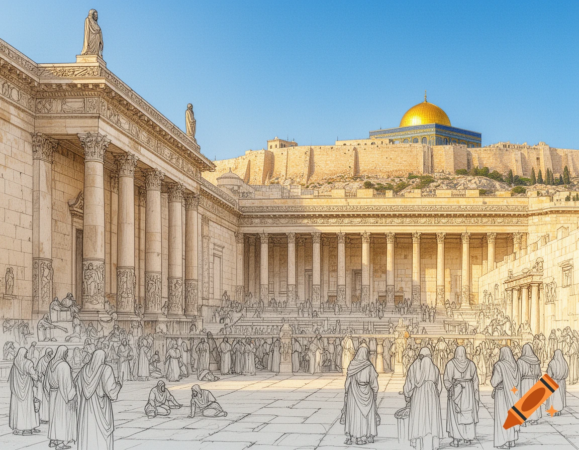 Sketch-style depiction of an ancient temple complex in Jerusalem with robed figures, a golden-domed building on a distant hill.