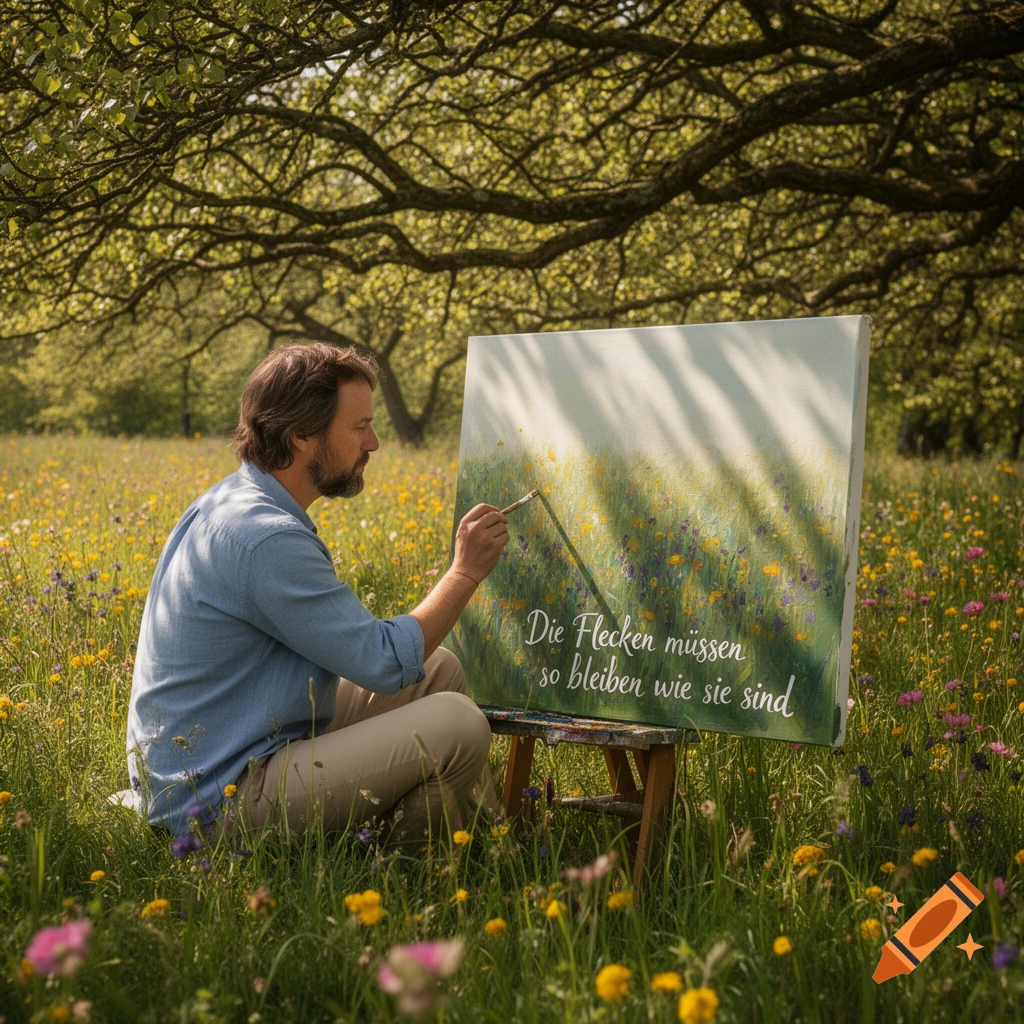 A man squatting in a sunny wildflower field, painting on a canvas under a large tree.
