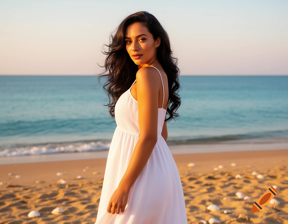 A beautiful woman with long dark hair in a white dress stands on a sandy beach at sunset, looking at the camera. Photorealistic.
