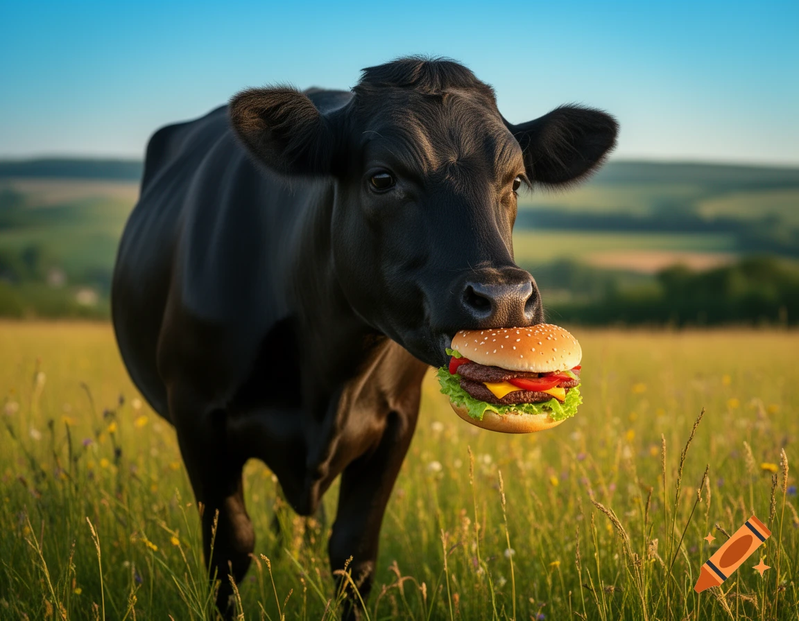 A black cow stands in a green field, holding a large hamburger with two patties in its mouth.
