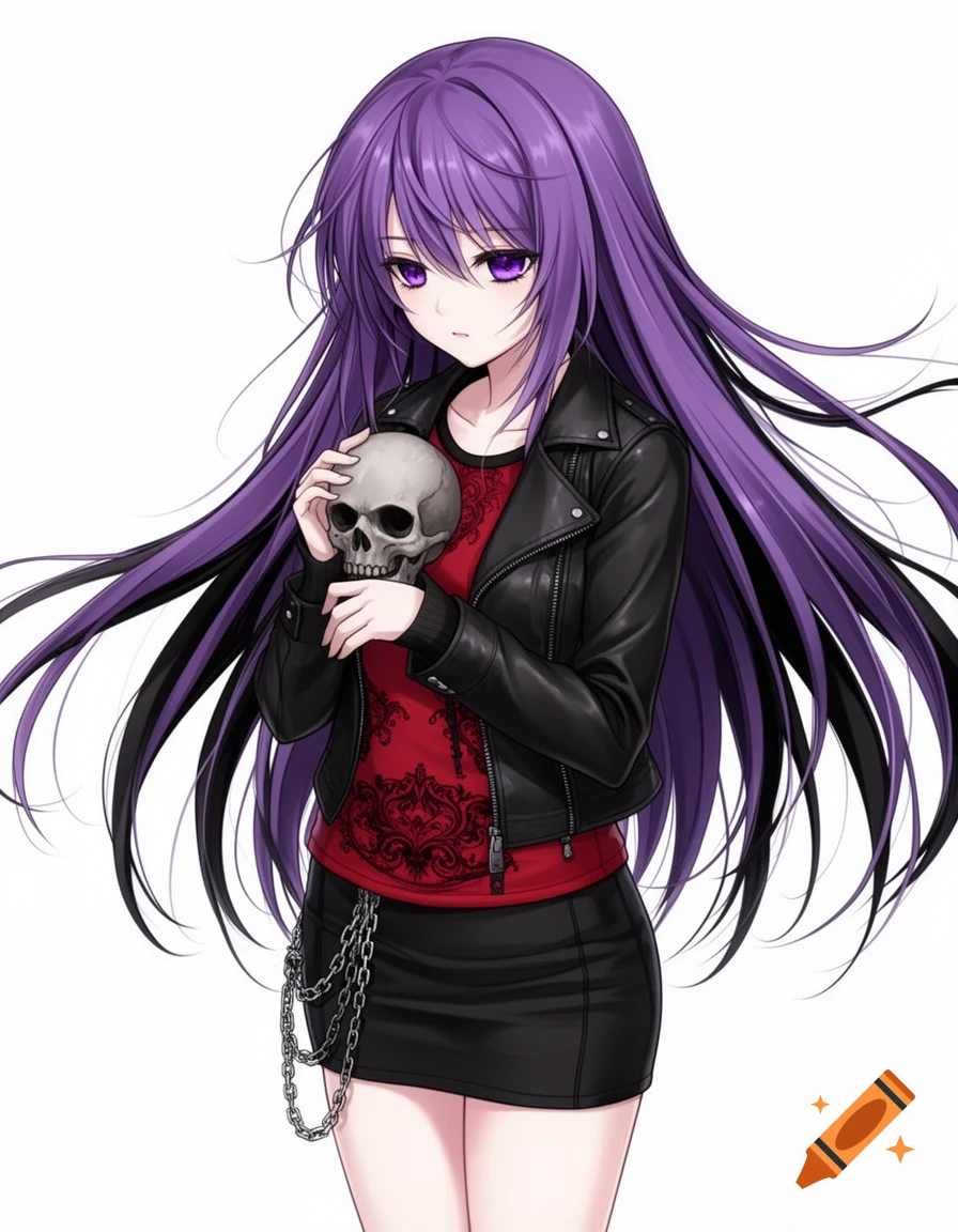 A shy anime girl with long purple hair and purple eyes, wearing a black leather jacket, red patterned shirt, and black mini skirt with a chain, holding a skull.