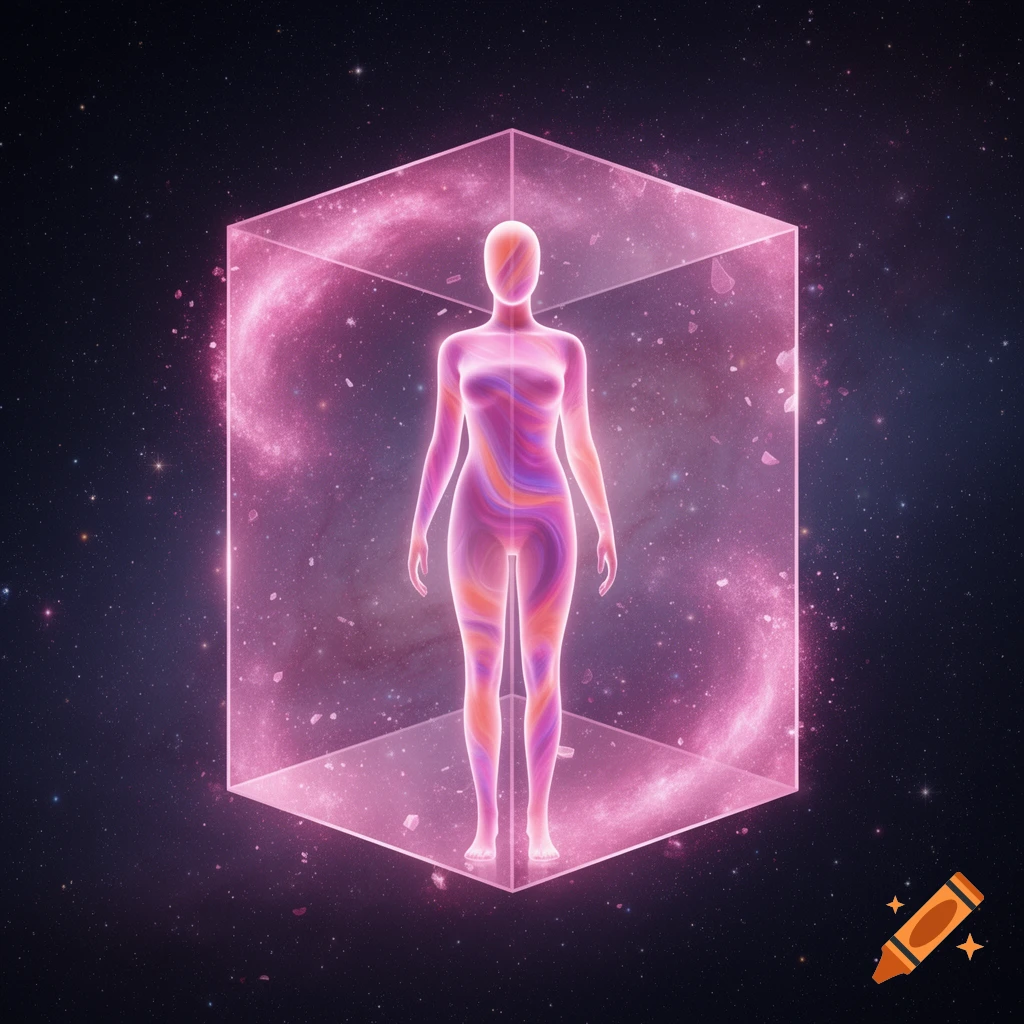 A translucent, faceless pink and orange mannequin stands inside a glowing pink glass cube amidst a starry space background with nebulae.