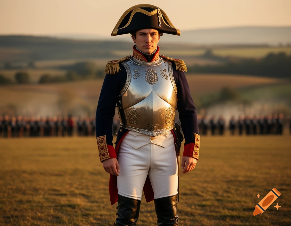 A photorealistic image of a Napoleonic soldier in shining armor standing in a field with other soldiers in the background.