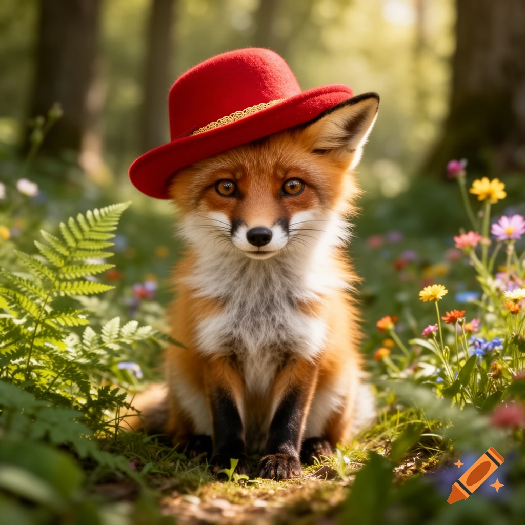 A cute, fluffy fox with a red hat sits in a lush green forest clearing surrounded by colorful wildflowers, photorealistic.