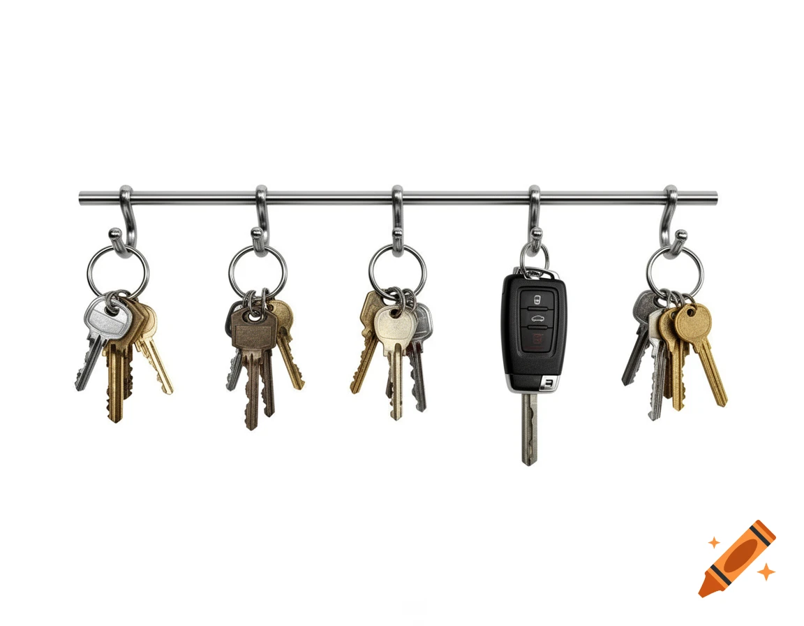 Five bunches of keys, including a black car key fob, hanging from hooks on a horizontal metal bar against a white background.