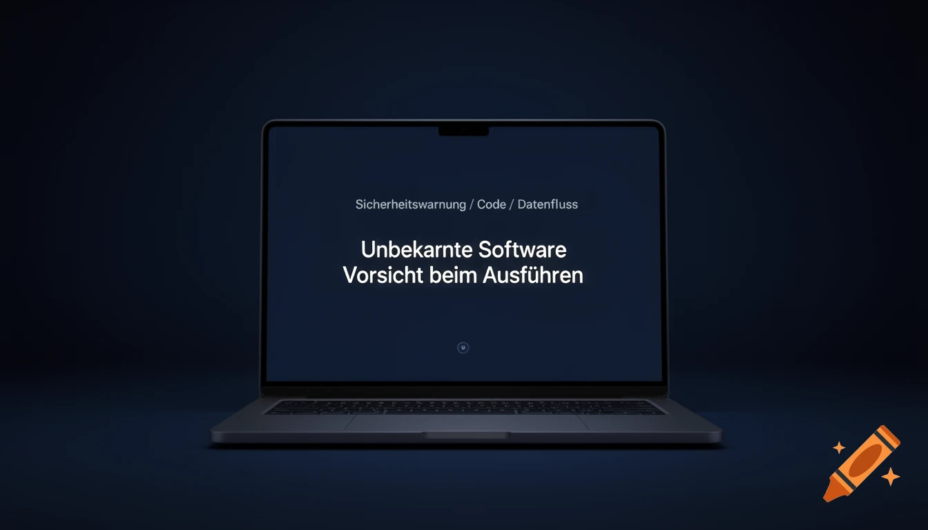 A minimalist laptop displays a German security warning message on its screen against a dark blue background.