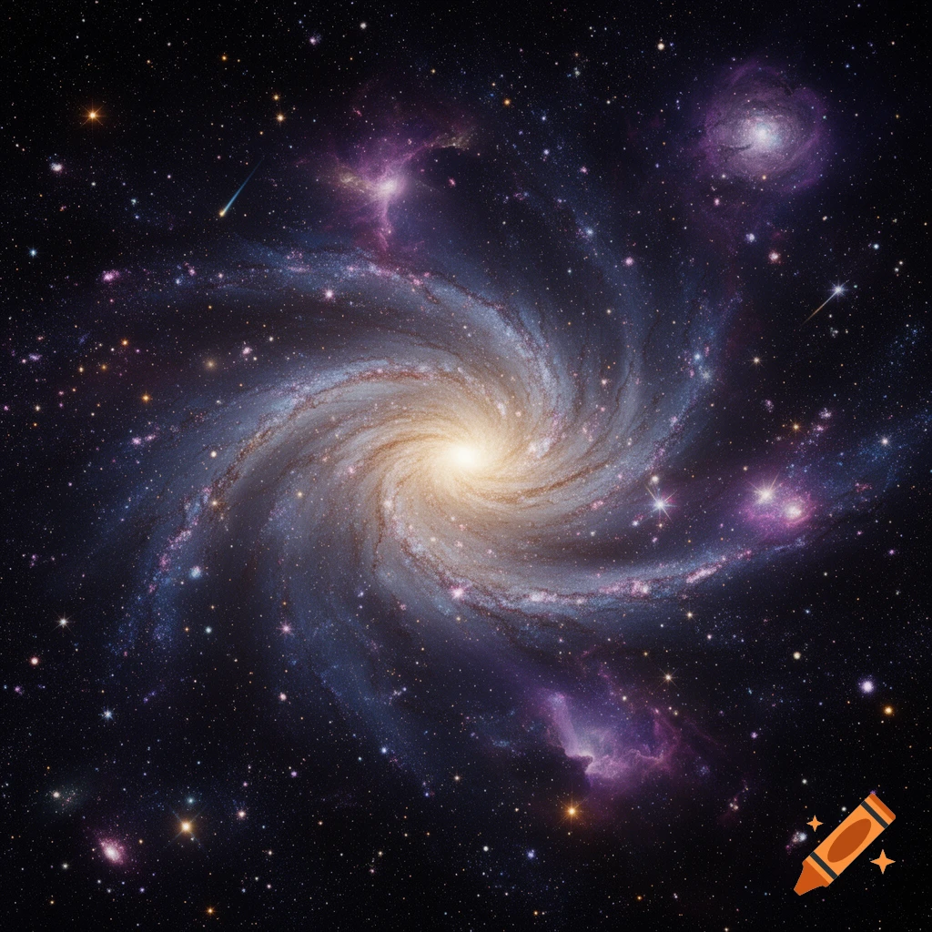 A vibrant spiral galaxy with a bright core, swirling arms of stars and cosmic dust, against a dark, star-filled universe.