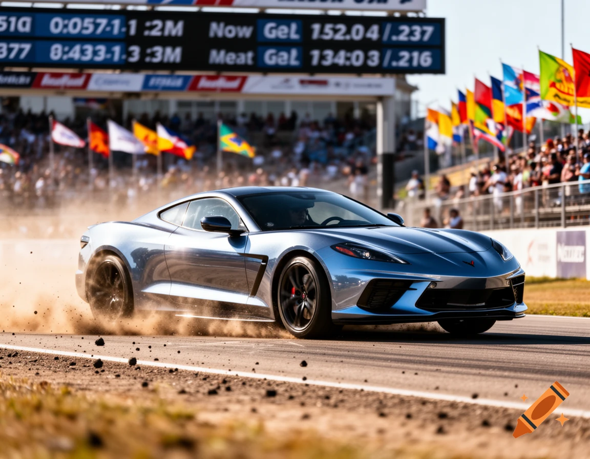 A silver sports car kicks up dust on a dirt track during a sunny race, with spectators and flags in the background.