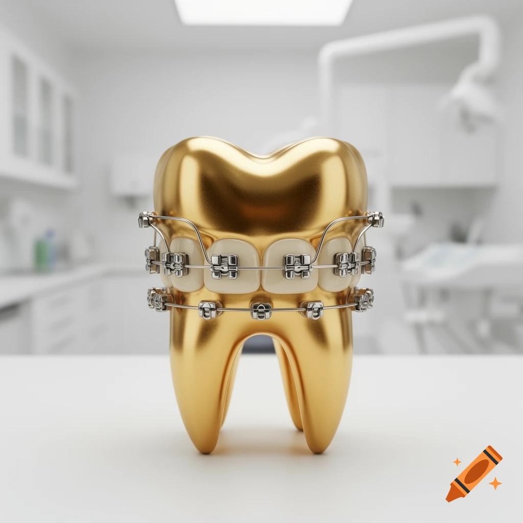 Photorealistic 3D rendering of a shiny golden tooth with metal braces, standing in a blurred dental office.