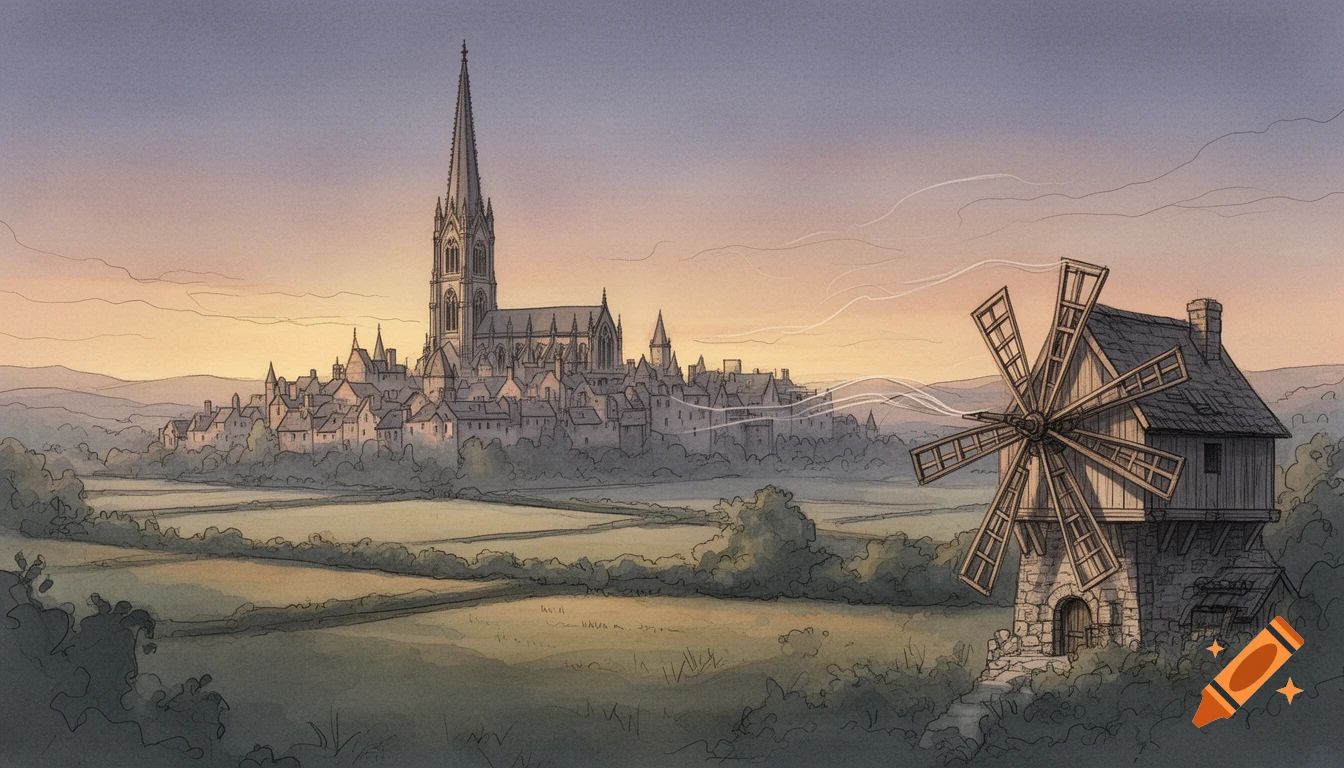 Watercolor sketch of a medieval city and church on the horizon, with a windmill and fields in the foreground.