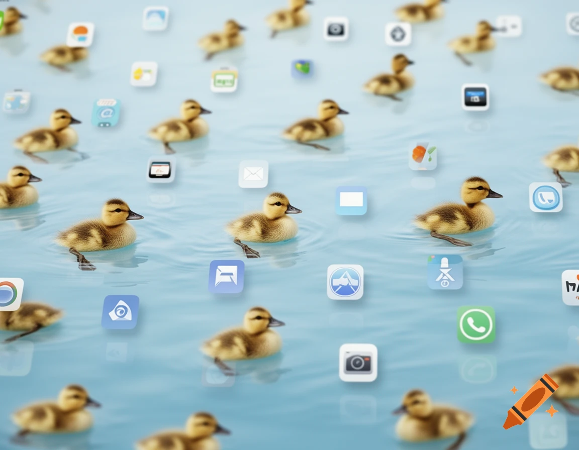 Numerous small, fluffy ducklings swim in a light blue body of water, interspersed with various stylized, floating app icons.
