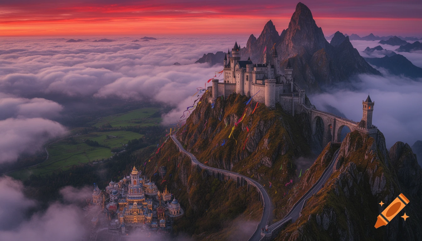A majestic fantasy landscape at sunset with two elaborate castles and a city nestled in towering mountains above a sea of clouds.