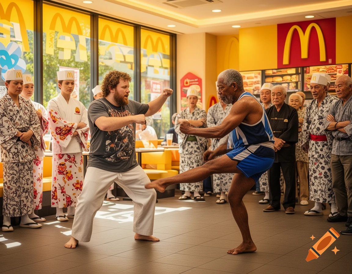 Seth Rogen and Morgan Freeman spar in a Japanese McDonald's, surrounded by employees in kimonos.