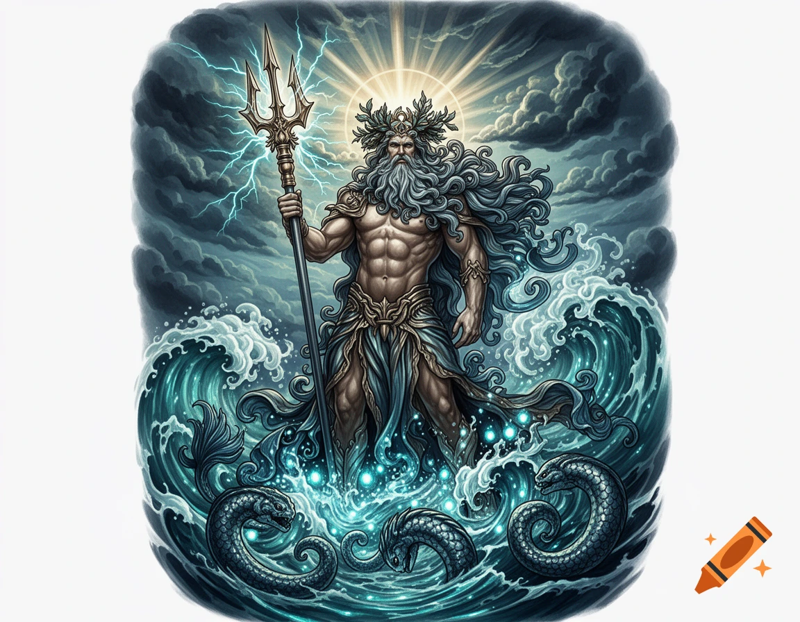 Stylized illustration of Poseidon, god of the sea, with long flowing hair and beard, holding a trident amidst turbulent waves and lightning.