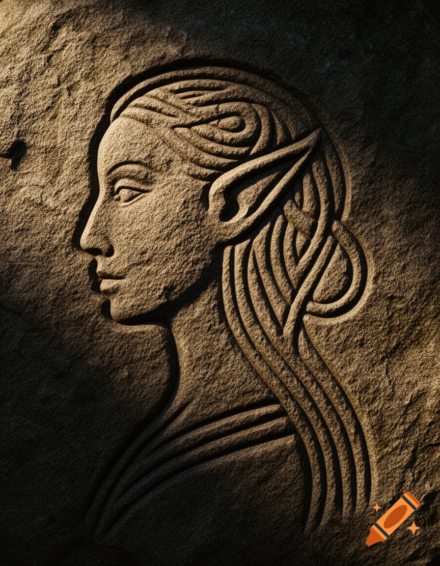 Profile of an elven woman carved into rough stone in Pictish style, with pointed ears and flowing hair, dramatically lit.