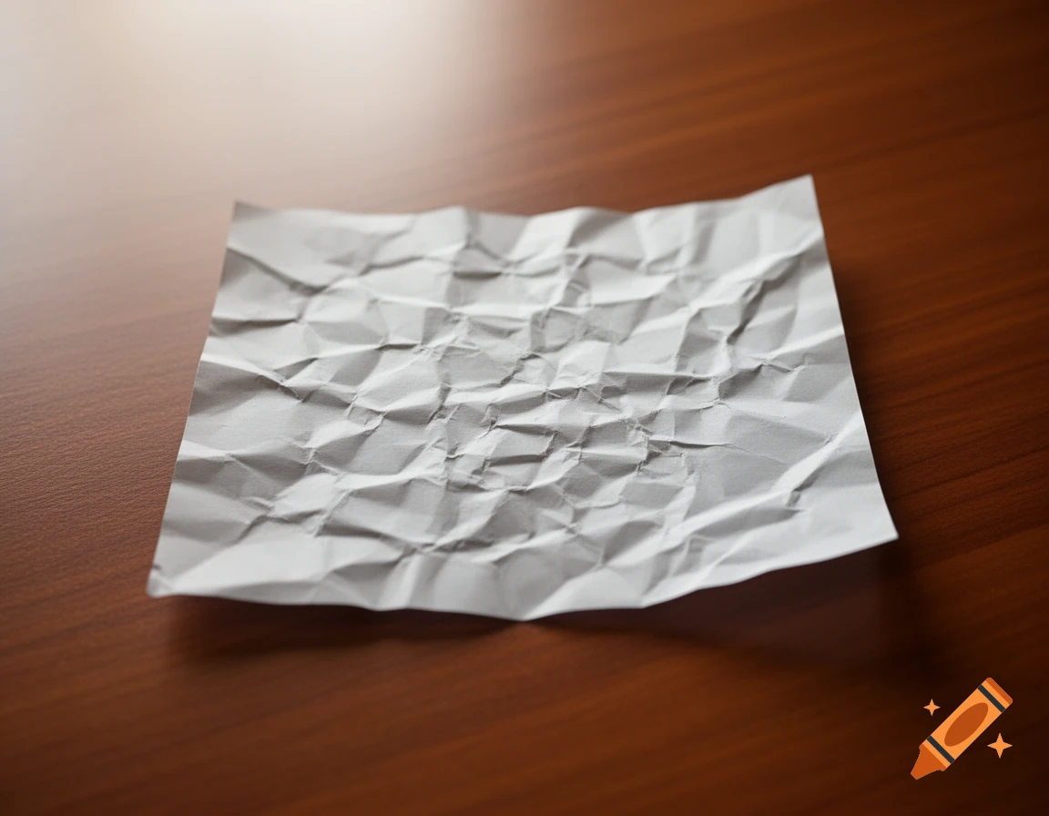 A crumpled piece of white paper rests on a polished wooden table with soft lighting.